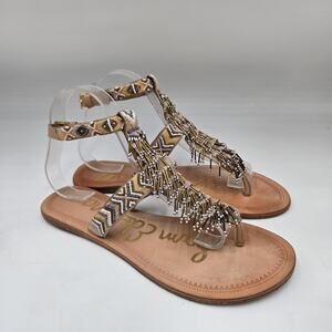 Sam Edelman Anella Leather Beaded Fringe Thong Sandals Size 8.5 Boho T Strap